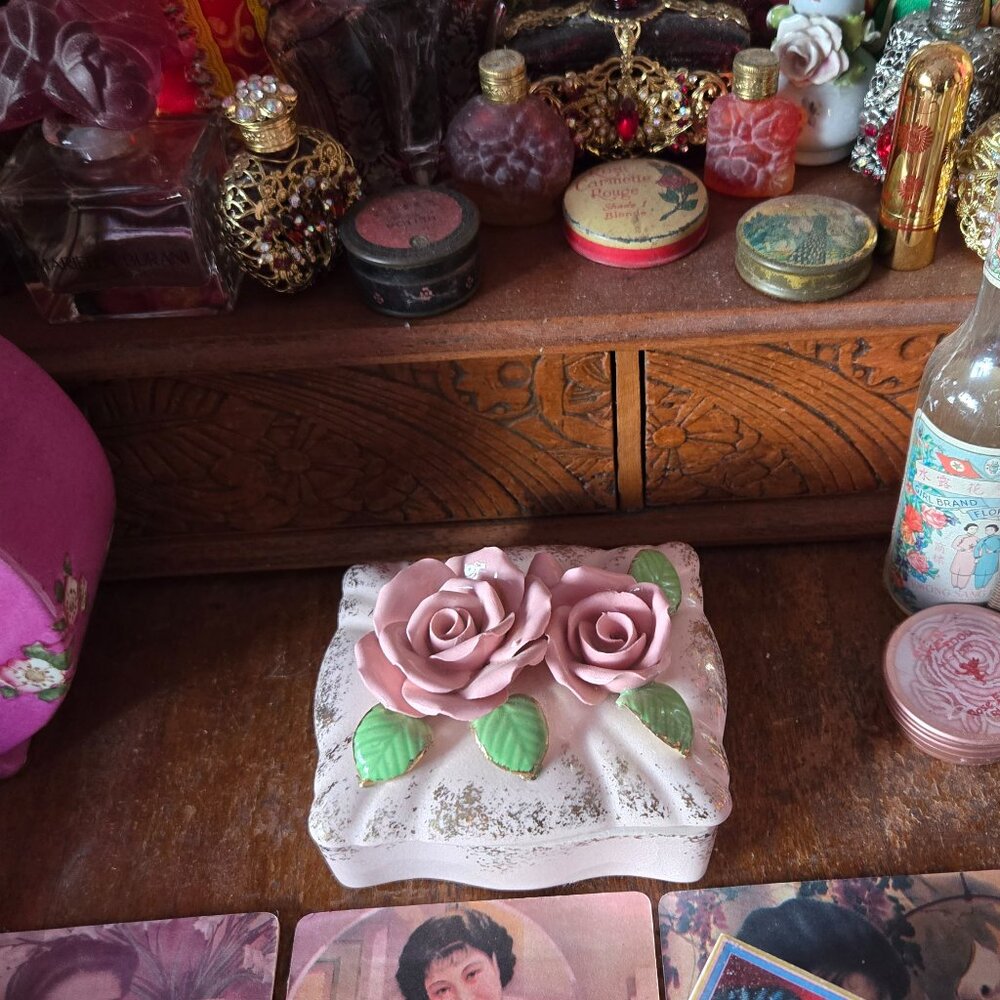 Vintage Pink Porcelain Rose Jewelry Trinket Box Romantic Cottagecore
